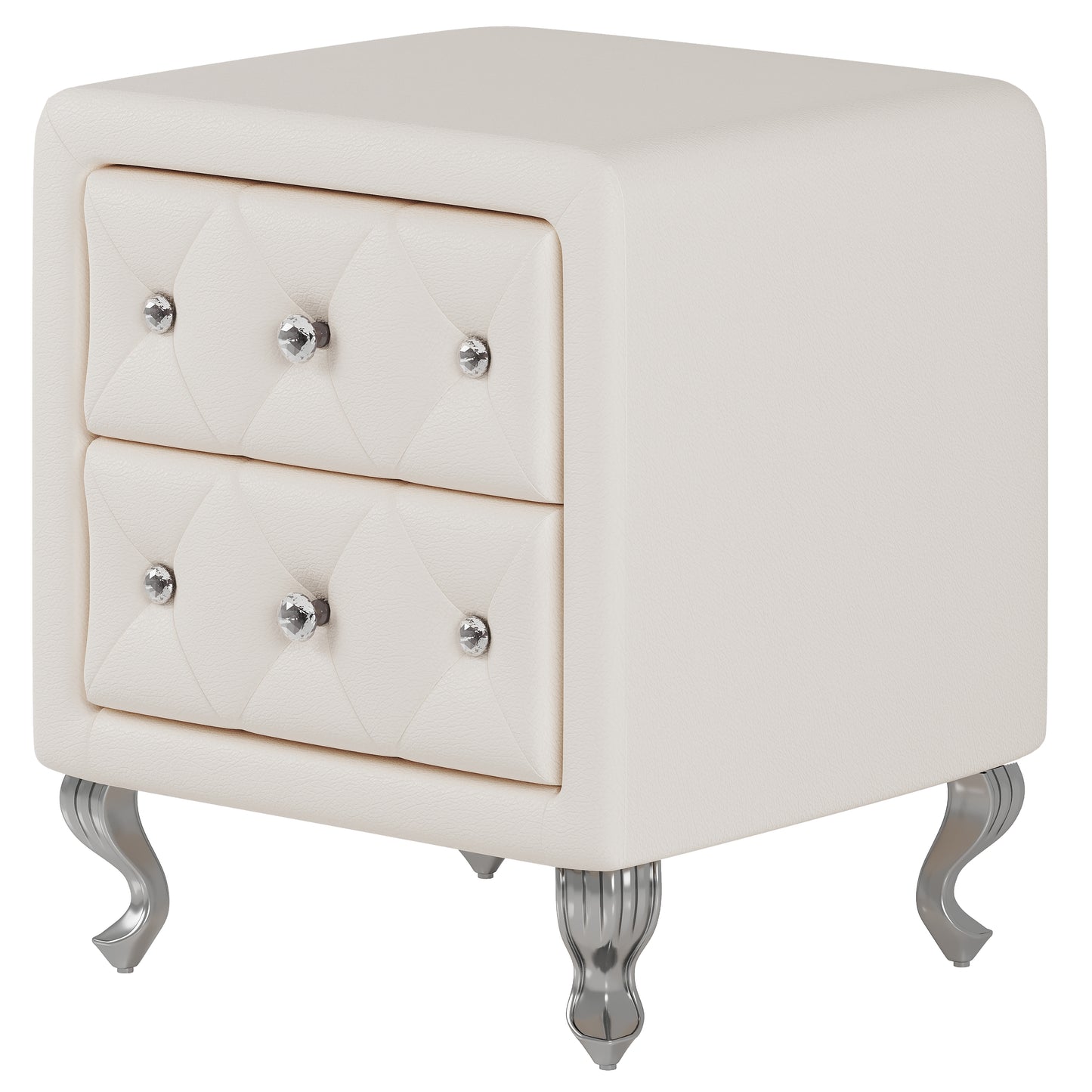 Melysen Elegant PU Nightstand with 2 Drawers and Crystal Handle,Fully Assembled Except Legs&Handles,Storage Bedside Table with Metal Legs,White