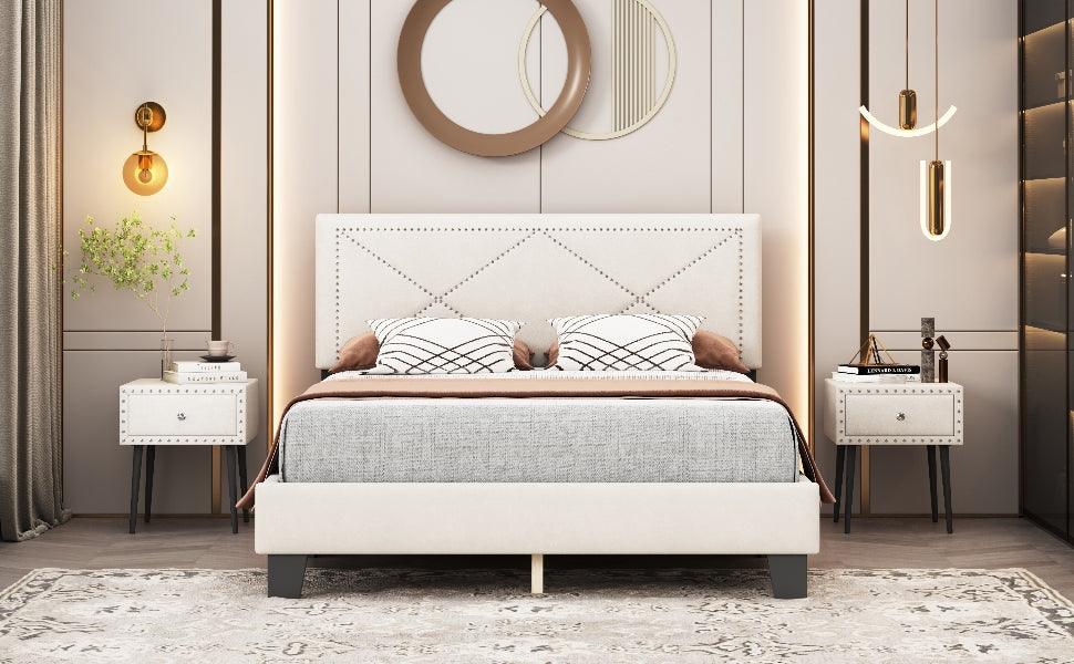 Melysen Simple Queen Size Upholstered Bed Frame with Rivet Design, Modern Velvet Platform Bed with headboard