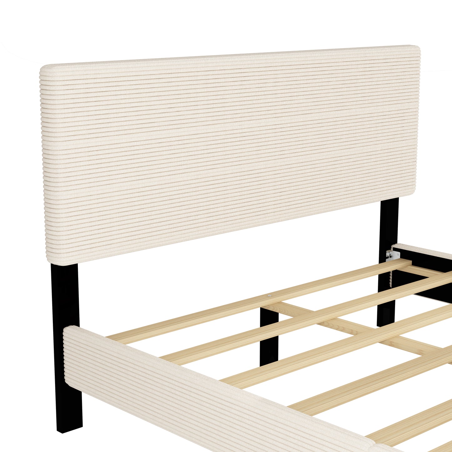 Melysen Queen Size Corduroy Upholstered Bed Frame, Platform Bed with Horizontal Stripe Headboard