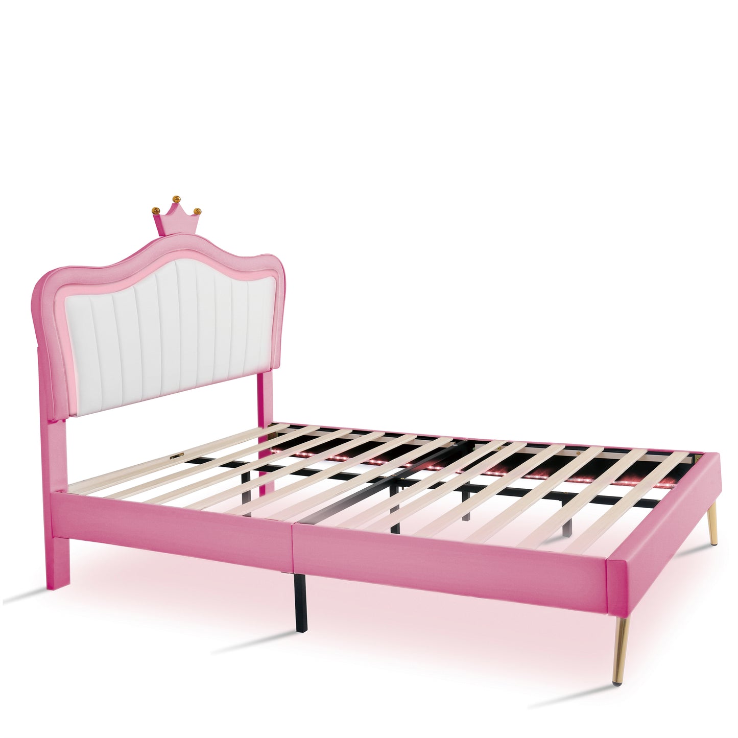 Melysen Full Size Upholstered Bed Frame with LED Lights,Modern Upholstered Princess Bed With Crown Headboard