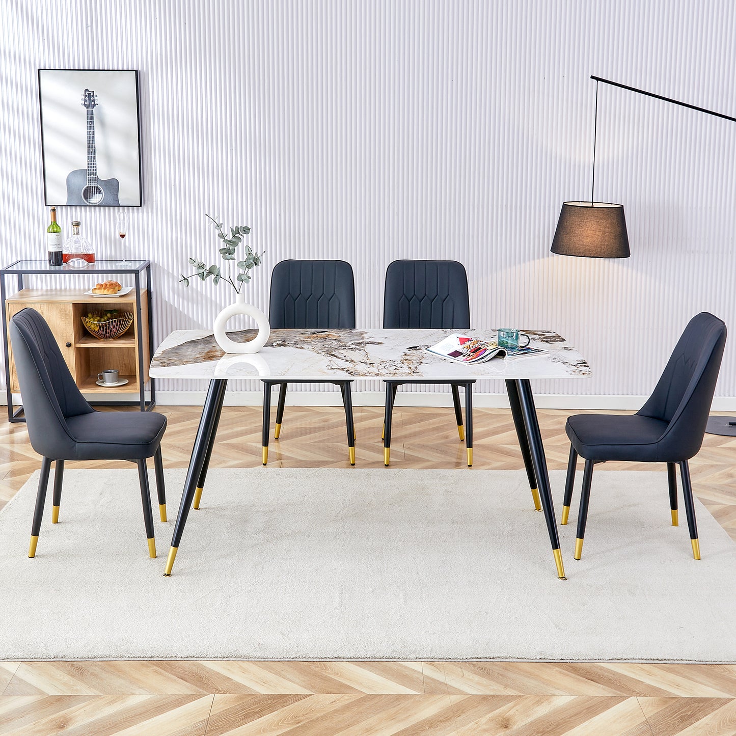 Melysen Modern Minimalist Dining Table. Imitation Marble Patterned Stone Burning Tabletop with Black Metal Legs.Modern Dining Chair with Pu Artificial Leather Backrest Cushion and Black Metal Legs.006