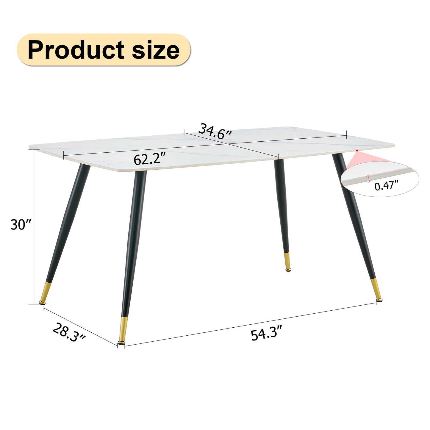 Melysen Modern Minimalist Dining Table. White Imitation Marble Pattern Sintered Stone Desktop with Black Metal Legs