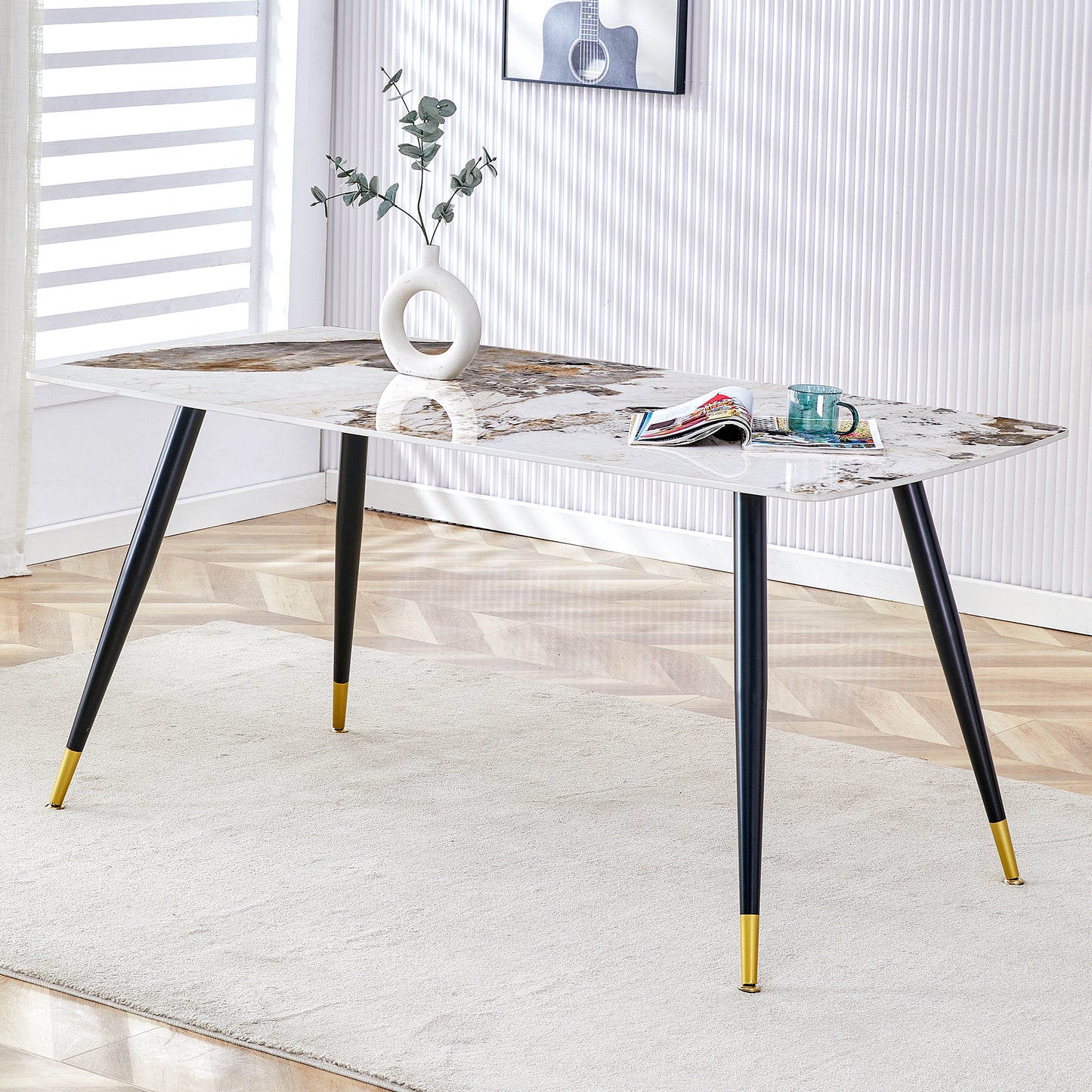 Melysen Modern Minimalist Dining Table. Imitation Marble Patterned Stone Burning Tabletop with Black Metal Legs