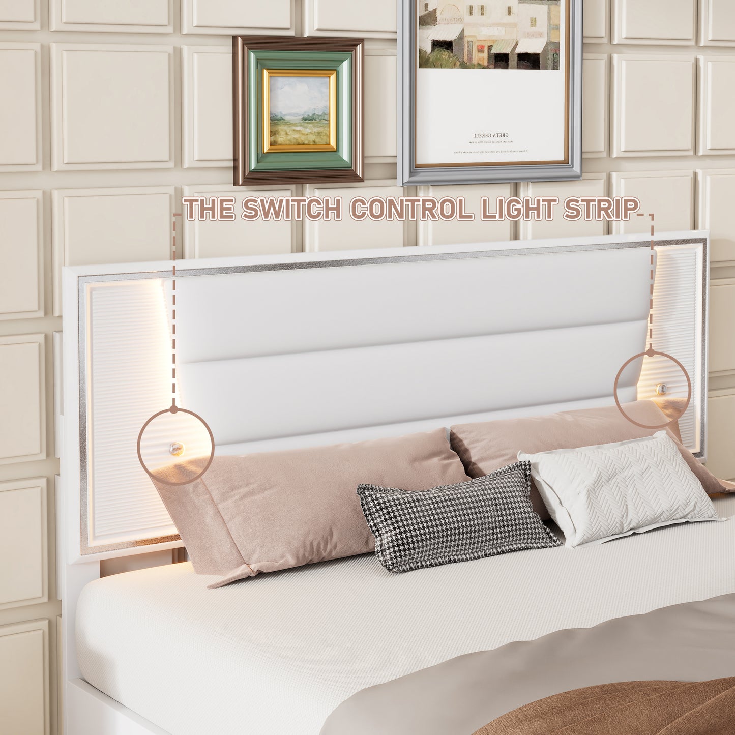 Melysen Queen Size PU Upholstered Bed, Headboard with LED Light Strips and Sparkling Shiny Decoration, No Box Spring Required