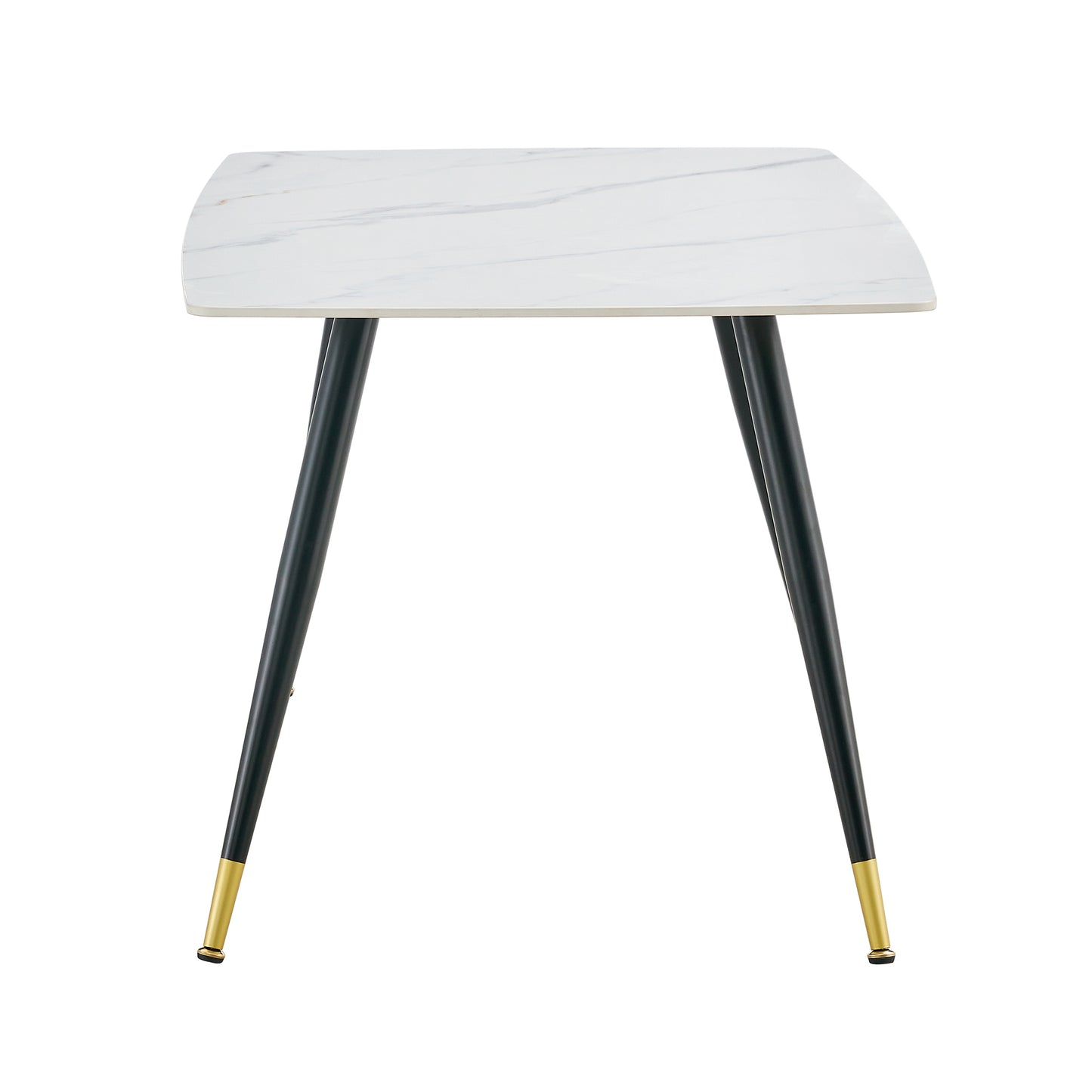 Melysen Modern Minimalist Dining Table. White Imitation Marble Pattern Sintered Stone Desktop with Black Metal Legs.Modern Dining Chair with Pu Artificial Leather Backrest Cushion and Black Metal Legs.001