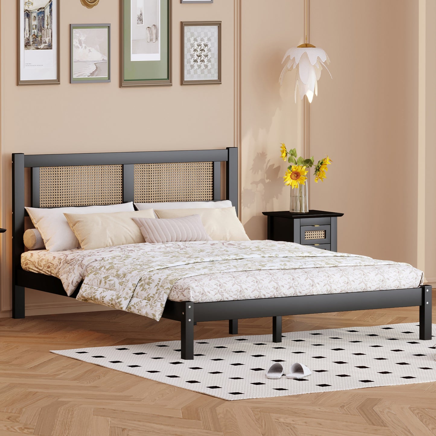 Melysen Queen Size Wood Platform Bed with Natural Rattan Headboard,Exquisite Elegance with Minimalist Charm for Bedroom