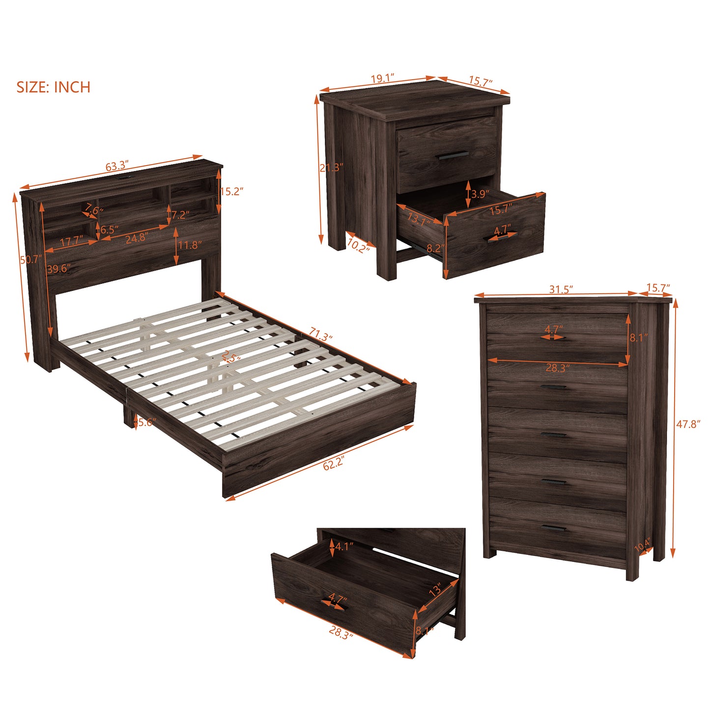 Melysen 4-Pieces Bedroom Sets Queen Size Vintage Wooden Bed Frame with 2 Nightstands and 1 Dresser