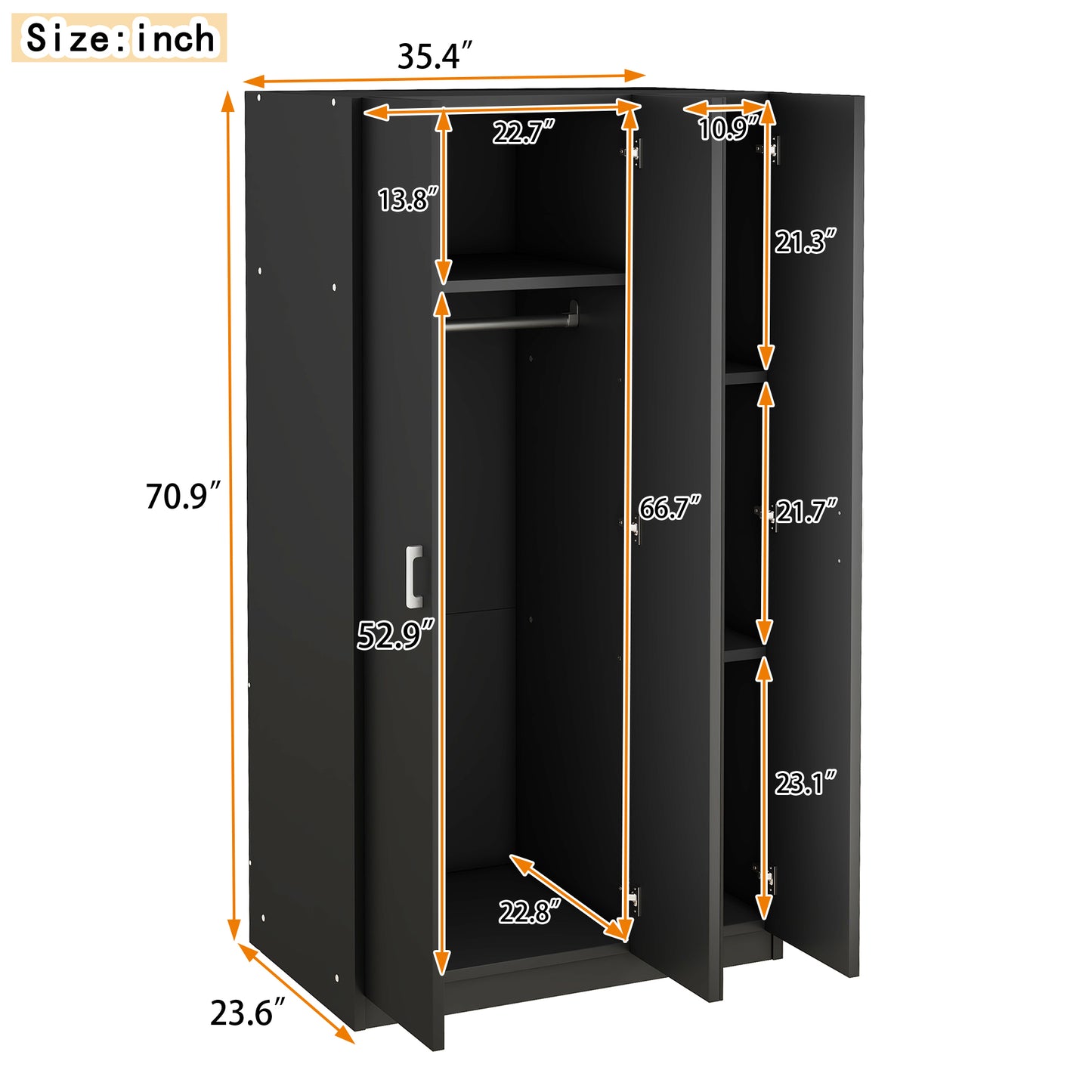 Melysen 3 Door Wardrobe with Mirror, Armoire with Hanging Rod and 3 Fixed Shelves