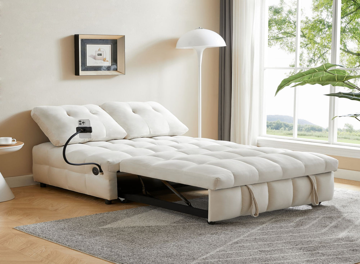 Melysen Modern sofa velvet pull-out bed,Independently removable backrest£¬have USB port and swivel phone stand