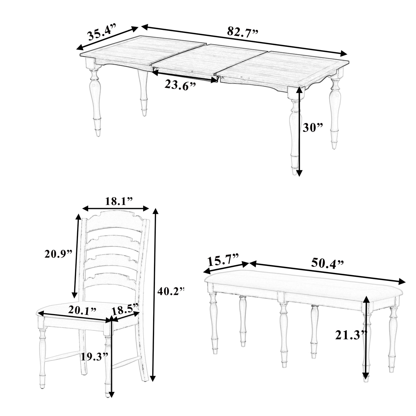 Melysen Vintage Traditional 6-Piece 82.7inch Extendable Dining Table Set with 23.6inch Removable Leaf, 50.4inch Upholstered Dining Bench and 4 Chairs for 6