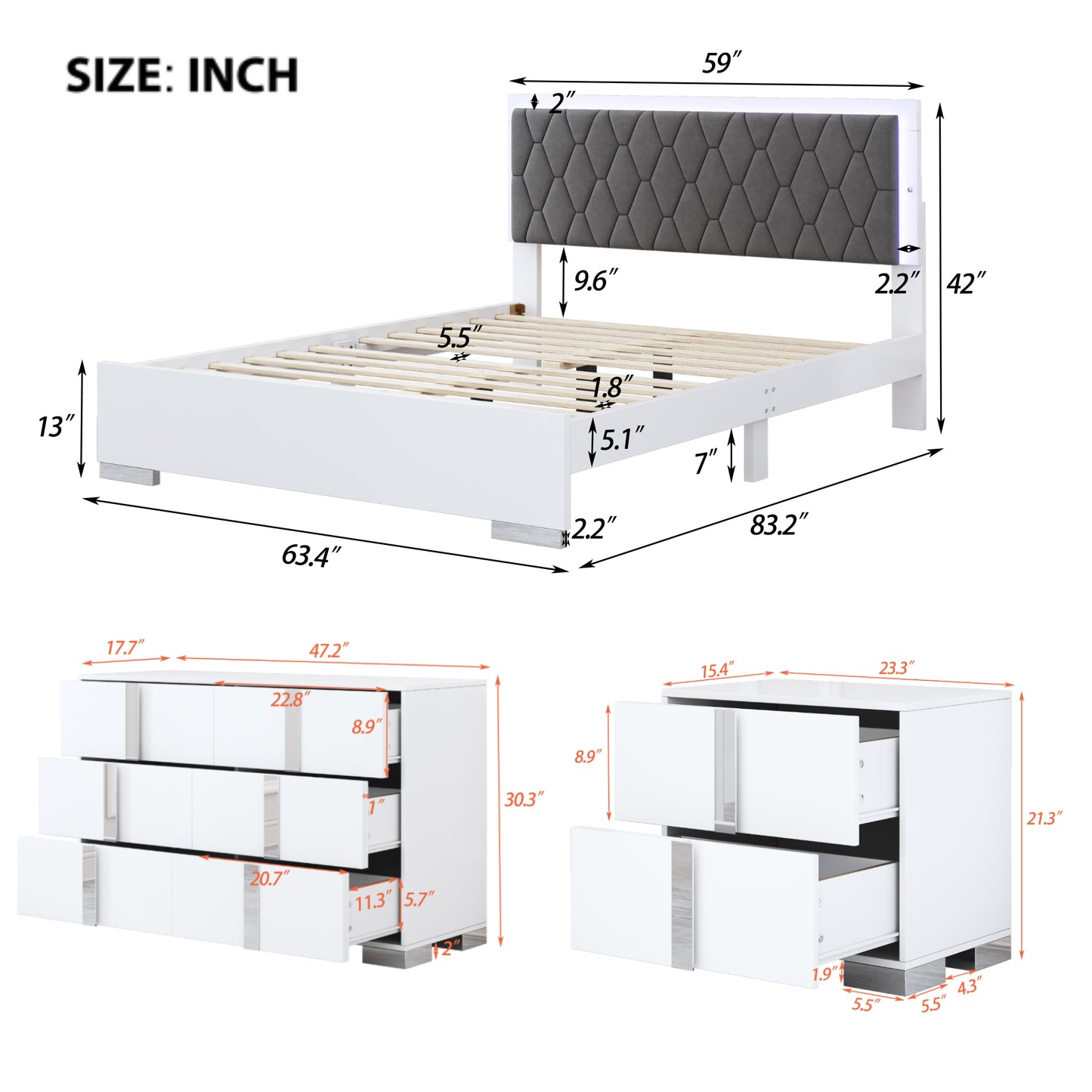 Melysen 4-Pieces Bedroom Sets Queen Size Upholstered Bed with LED Lights, Mirrored Nightstands and Dresser with Metal Handles and Legs