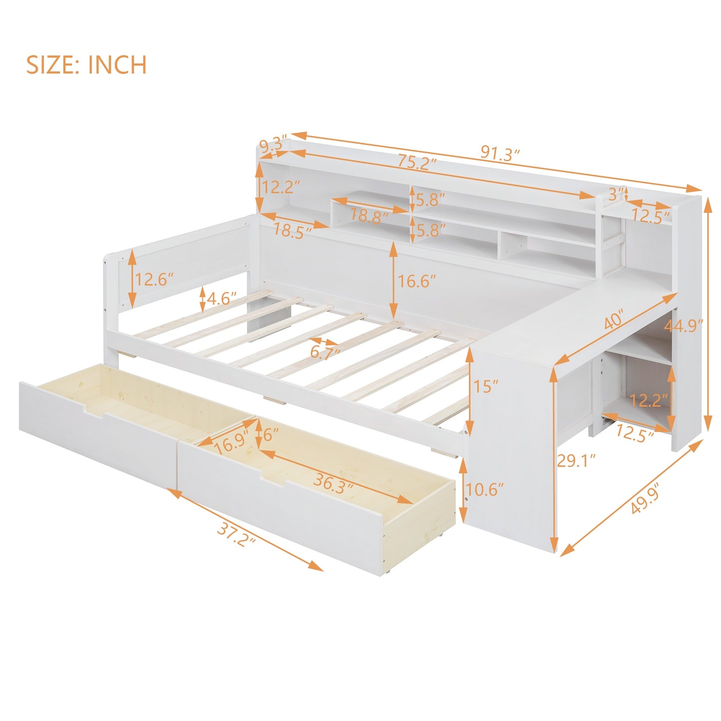 Melysen Wooden Twin Size Daybed with Storage Shelves, Multi-functional Bed with Two Storage Drawers and  Study Desk