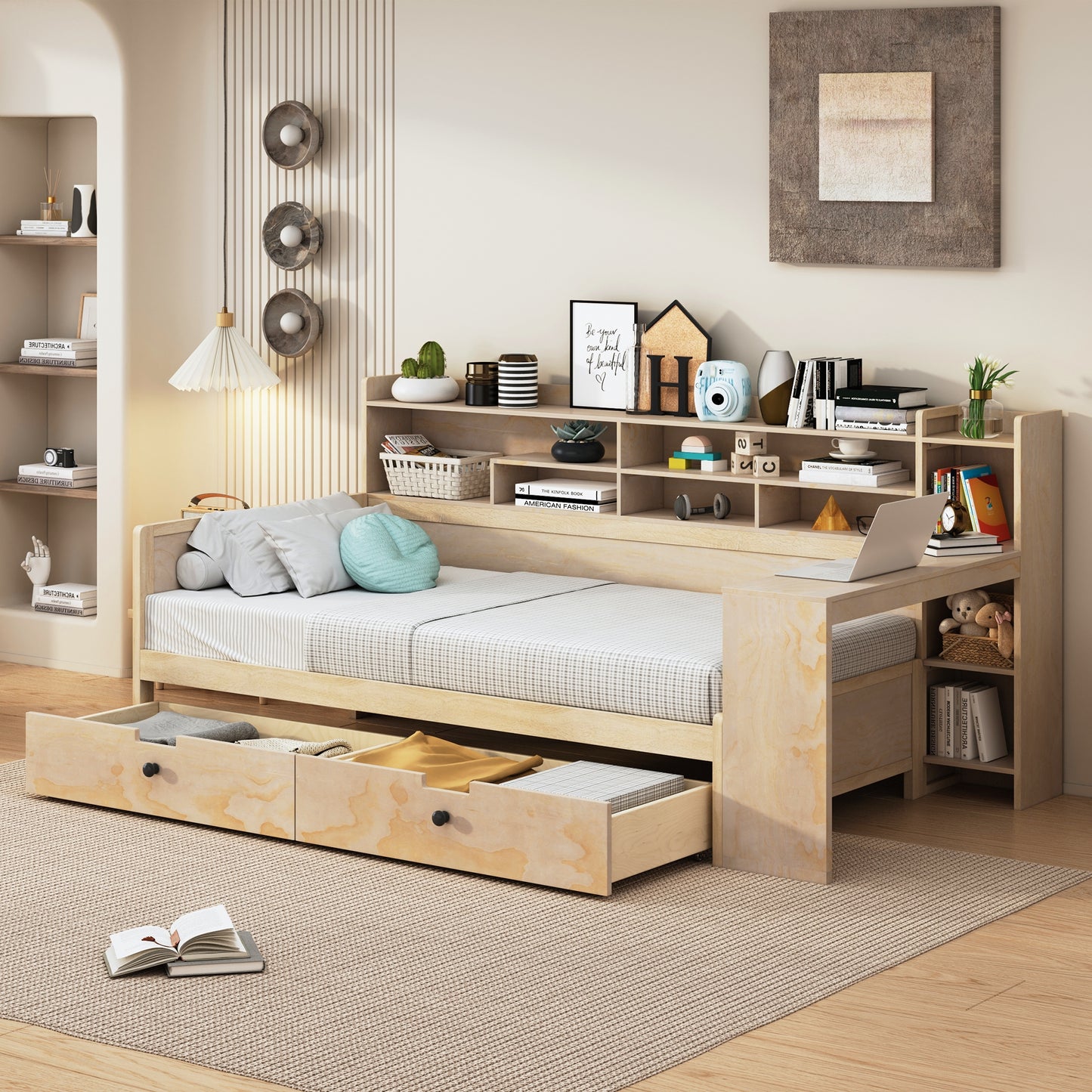 Melysen Wooden Twin Size Daybed with Storage Shelves, Multi-functional Bed with Two Storage Drawers and  Study Desk