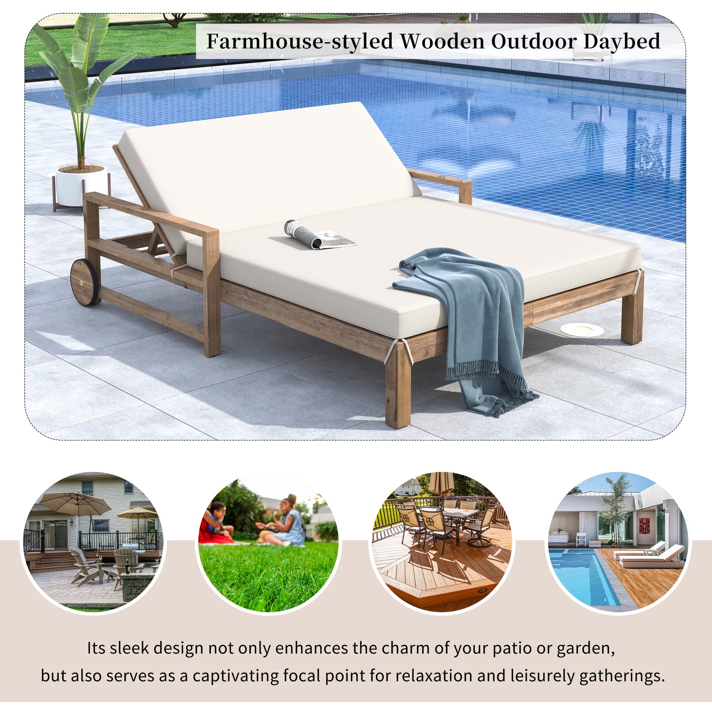 Melysen 1-Piece Farmhouse-styled Wooden Outdoor Sunbed for Ultimate Relaxation Outdoor Daybed Seating 2 People for Poolside, Garden and Backyard (Beige)