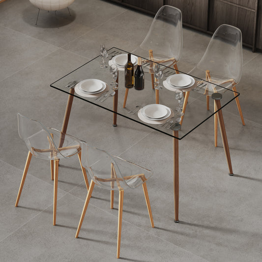 Melysen Table and Chair Set. 1 Table+4 Chairs. Glass Dining Table with 0.31"Tempered Glass Tabletop and Wood Color Metal Legs. Transparent Dining Chair without Armrests, Crystal Chair