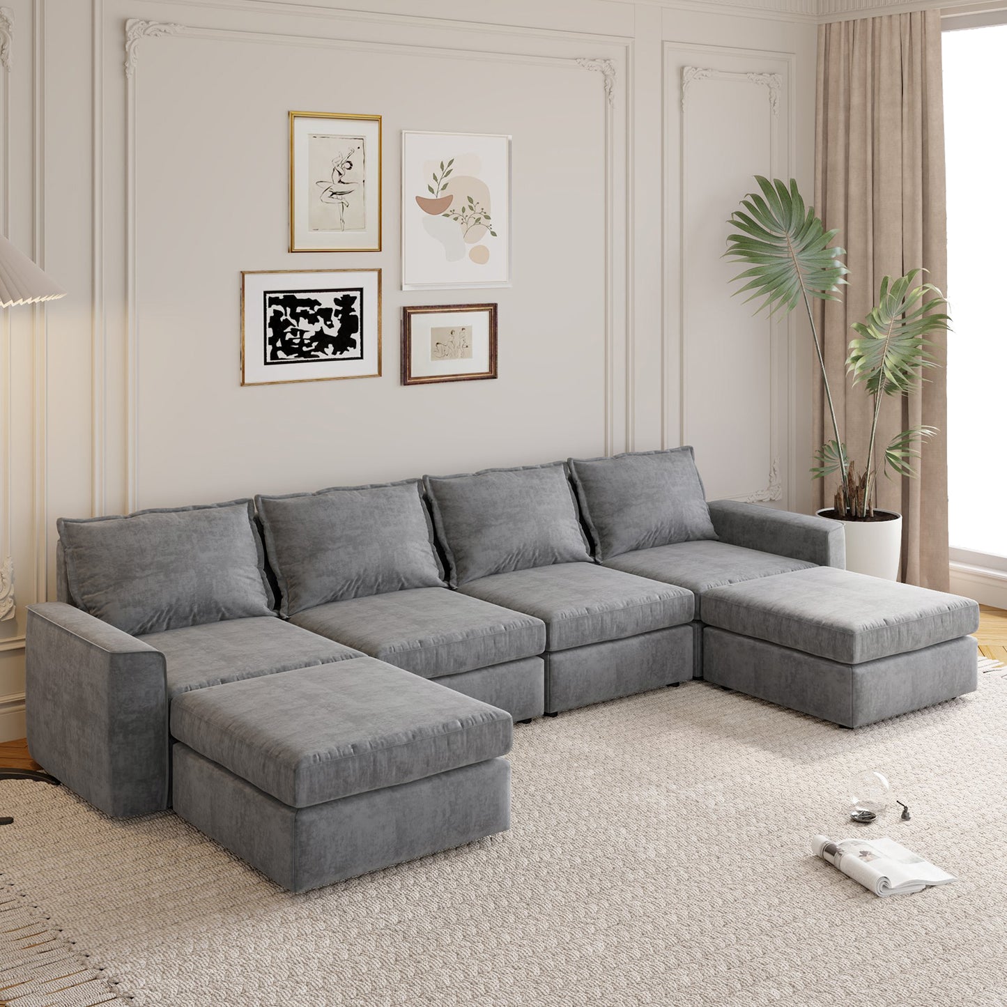 Melysen 115*58" Chenille Modular Sectional Sofa,U Shaped Reversible Couch,Free Combination,6 Seat Sleeper Sofa Bed with Ottoman,Convertible Oversized Indoor Furniture for Living Room,Gray