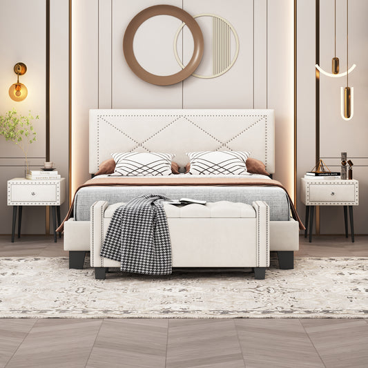 Melysen 4-Pieces Bedroom Sets Queen Size Upholstered Bed Frame with Rivet Design,Nightstands and Tufted Storage Ottoman