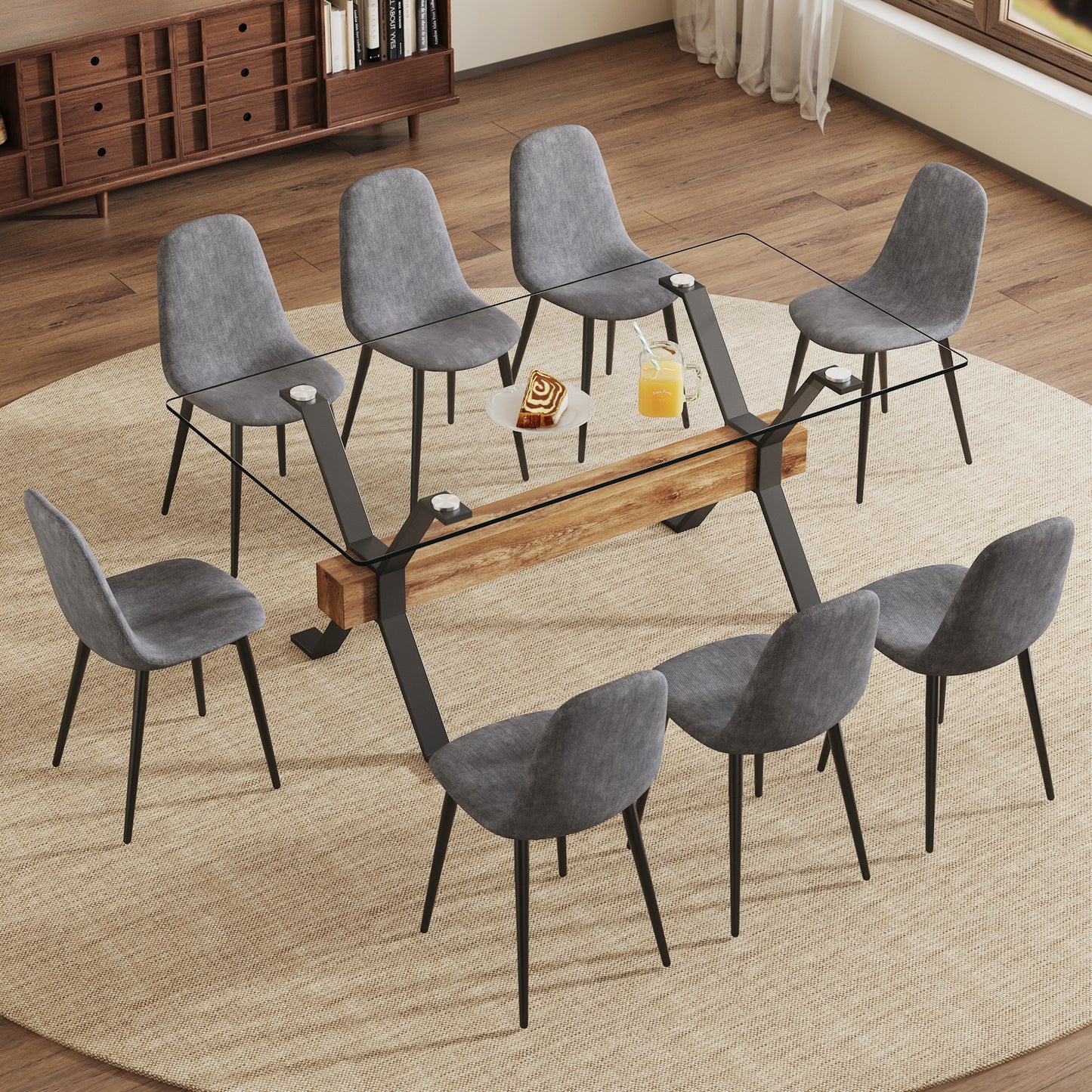 Melysen Dining Table. Modern Tempered Glass Dining Table. Large Modern office Desk with Black Metal Legs and Mdf Crossbars, Suitable For Home and office Use. 8 High-End Cushioned Seats