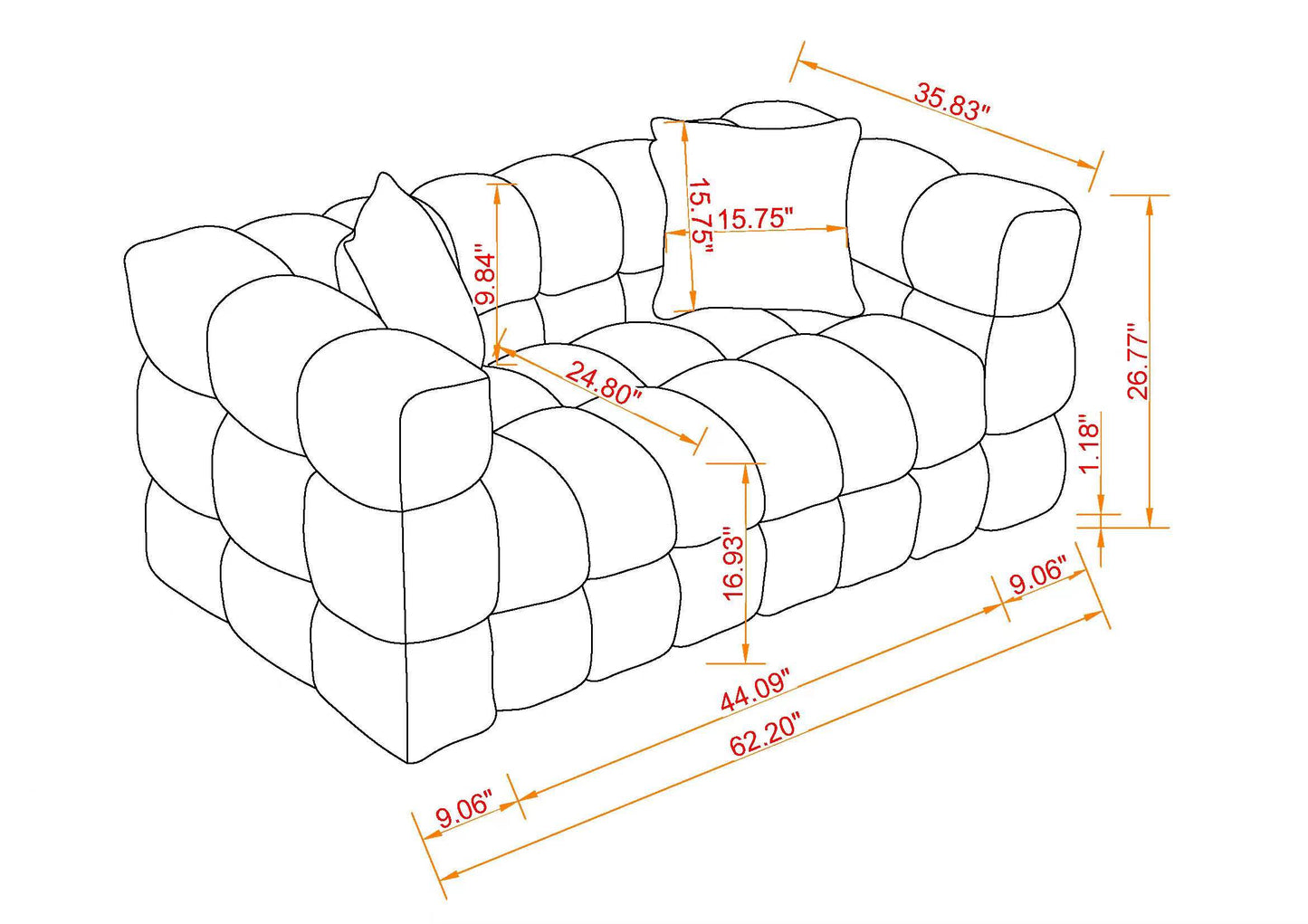 Melysen 62.2 "Modern Living Room Cotton Candy Sofa, 2-Seat Sofa, Olive Green.