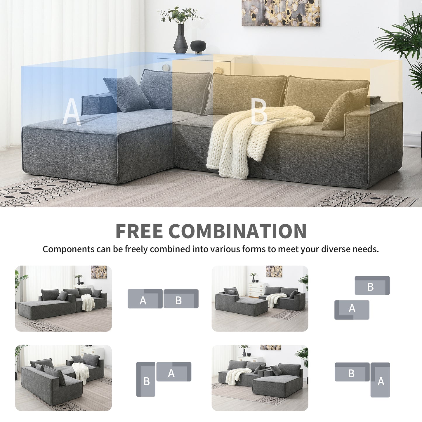 Melysen  111.5*72" Minimalist Style Modular Sectional Sofa,Wrinkle-resistant Chenille Couch Set,L-Shaped Compressed Sofa for Living Room,2 PIC Free Combination,No Assembly Require,3 Colors