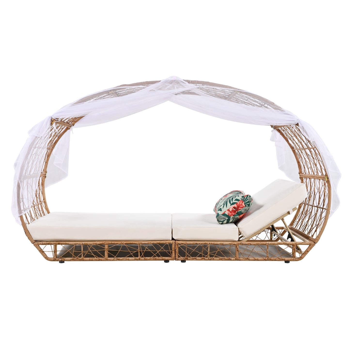 Melysen 90.55" Outdoor Patio Daybed with Curtain, Sunbed with Cushion and Colorful Pillow, Wicker Lounge Chairs Backrest Adjustable Recliners for Pool Garden Backyard, Beige Cushion, Natural Wicker