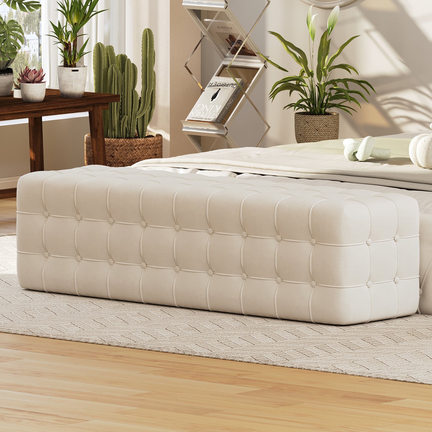 Melysen All Covered Velvet Upholstered Ottoman, Rectangular Footstool, Bedroom Footstool, No Assembly Required, Elegant and Luxurious