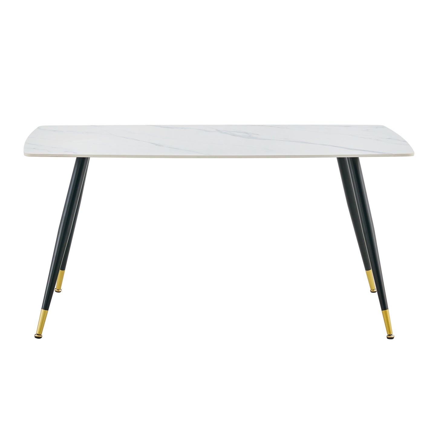 Melysen Modern Minimalist Dining Table. White Imitation Marble Pattern Sintered Stone Desktop with Black Metal Legs.Modern Dining Chair with Pu Artificial Leather Backrest Cushion and Black Metal Legs.003