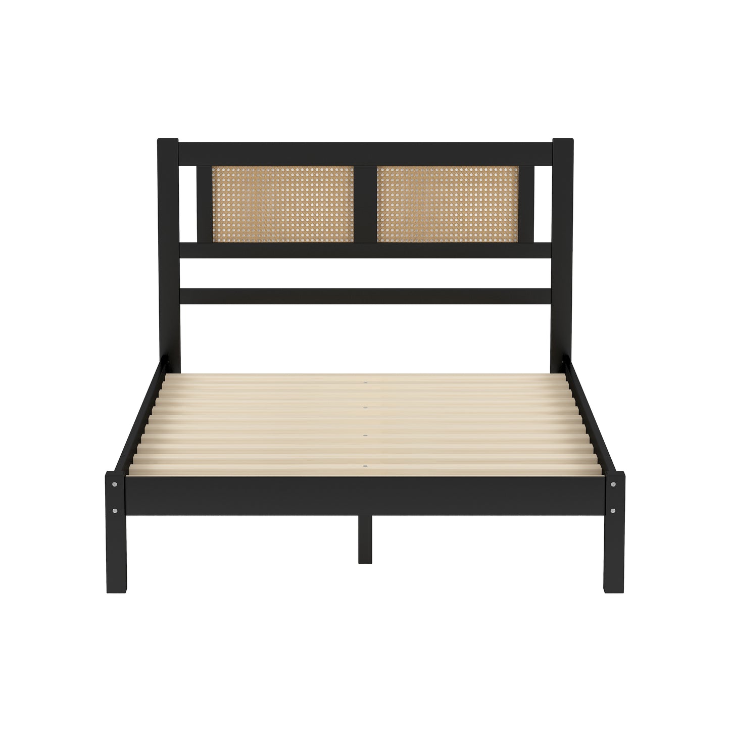 Melysen 3-Pieces Bedroom Sets Full Size Wooden Platform Bed with Natural Rattan Headboard, Nightstands Set of 2 with Rattan-Woven Surfaces and Three Drawers for Bedroom