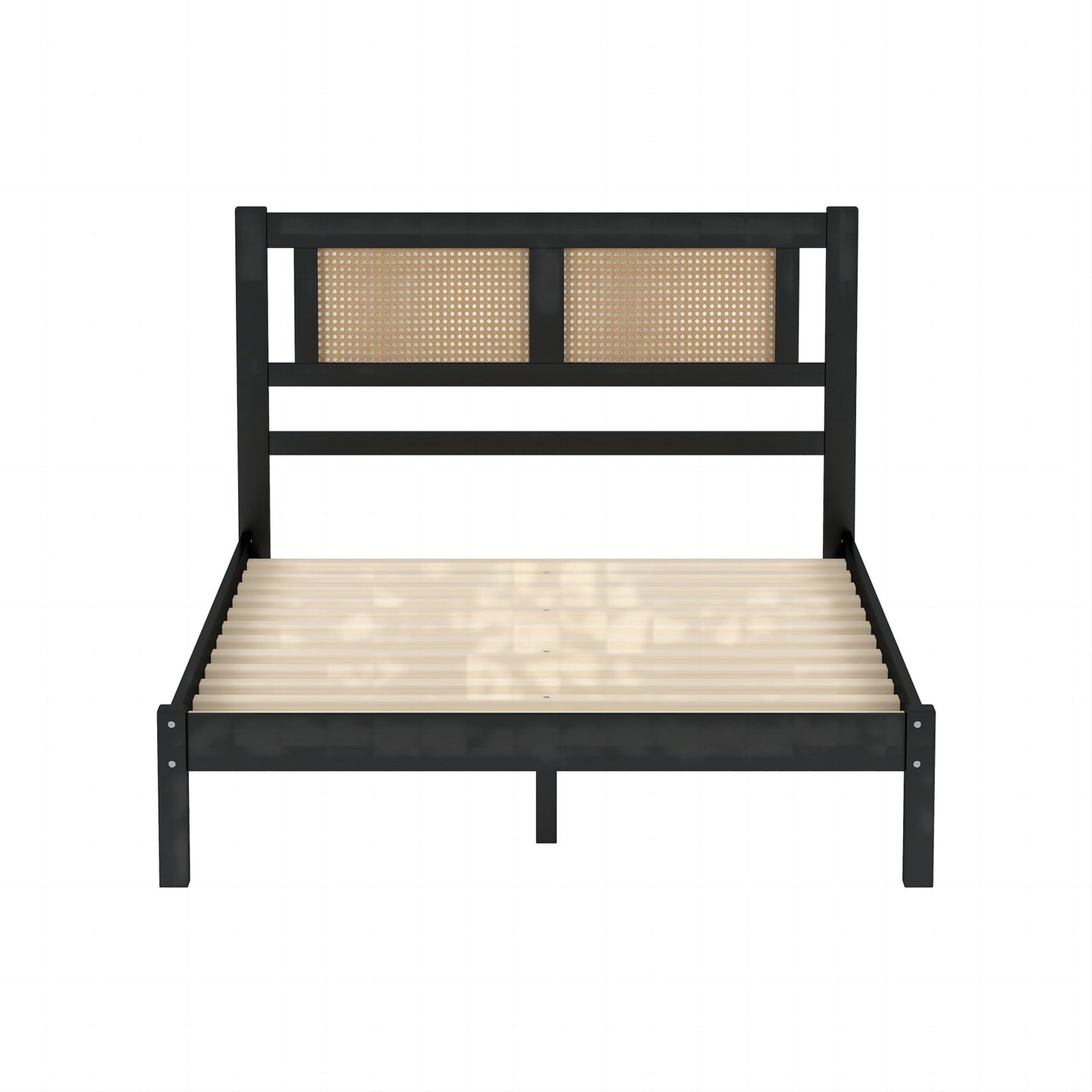 Melysen Full Size Wooden Platform Bed with Natural Rattan Headboard, Exquisite Elegance with Minimalist Charm for Bedroom