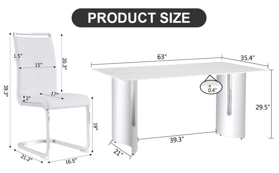 Melysen Modern Minimalist Dining Table. Imitation Marble Glass Sticker Desktop, Stainless Steel Legs, Stable and Beautiful. 6 Premium Pu Seats. 63" * 35.4" * 29.5"003