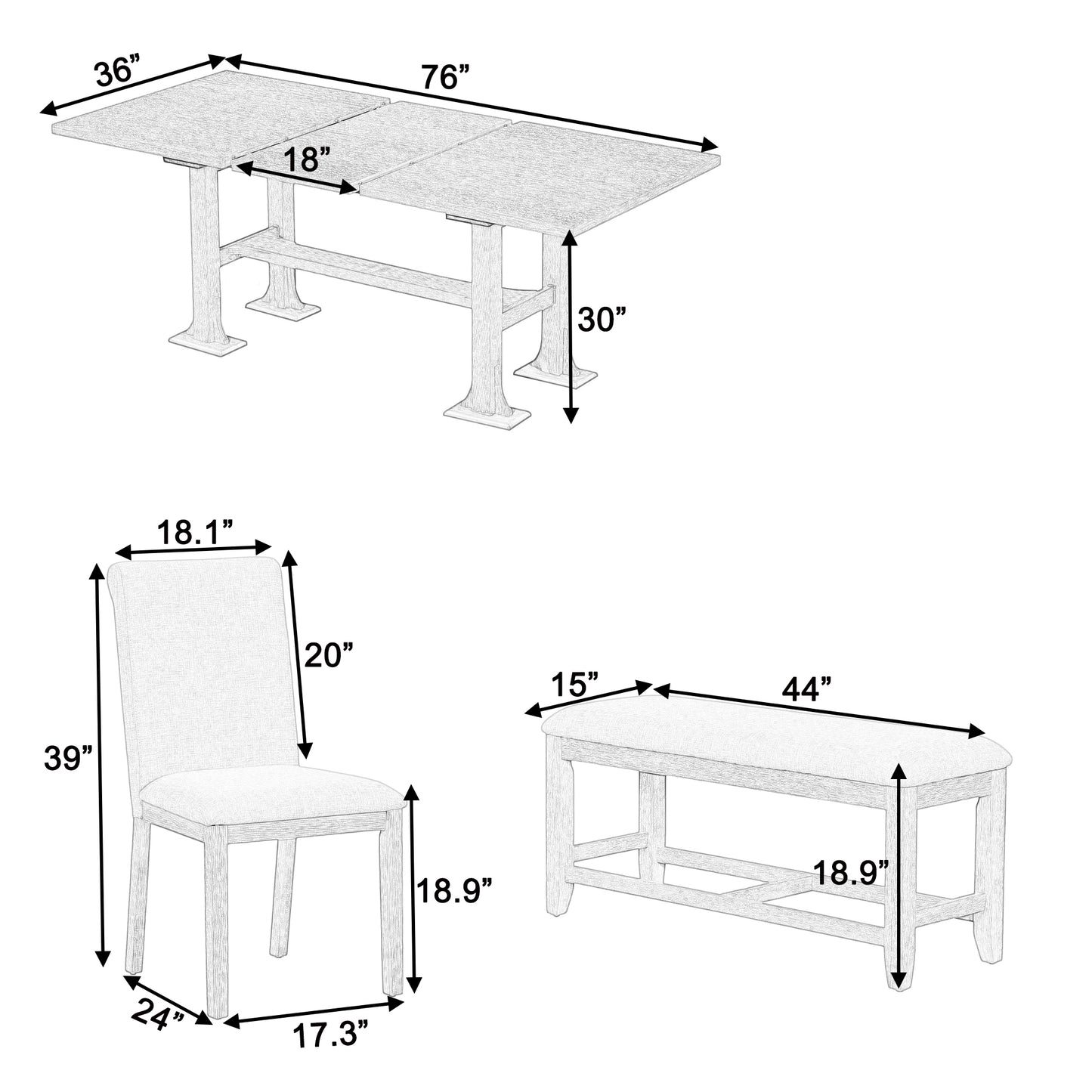 Melysen Farmhouse 76inch 6-Piece Extendable Dining Table Set Trestle Kitchen Table Set with 18inch Removable Leaf and Upholstered Dining Chair and Bench for Dining Room