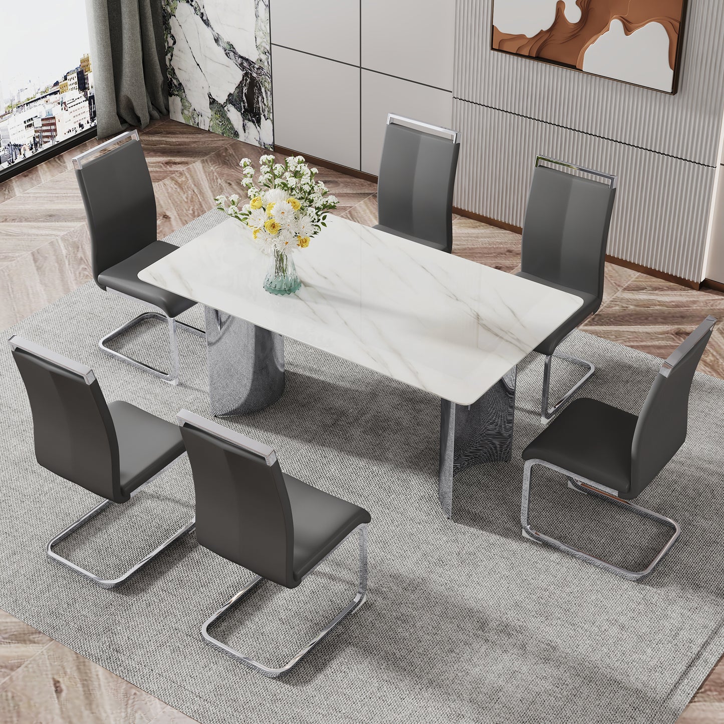 Melysen Modern Minimalist Dining Table. Imitation Marble Glass Sticker Desktop, Stainless Steel Legs, Stable and Beautiful. 6 Premium Pu Seats. 63" * 35.4" * 29.5"004