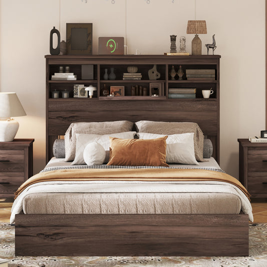 Melysen Queen Size Wooden Platform Bed with Storage Headboard,American Country Style Bed with USB Charging Ports