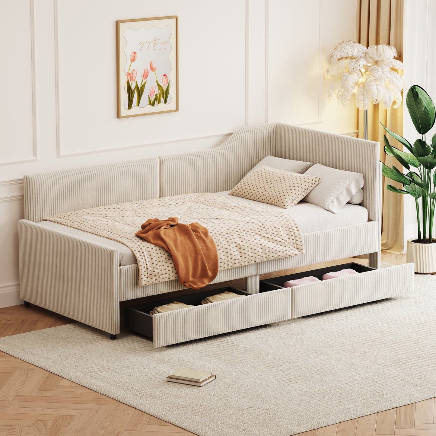 Melysen Twin Size L-Shaped Corduroy Daybed,Upholstered Bed Frame with  2 Storage Drawers