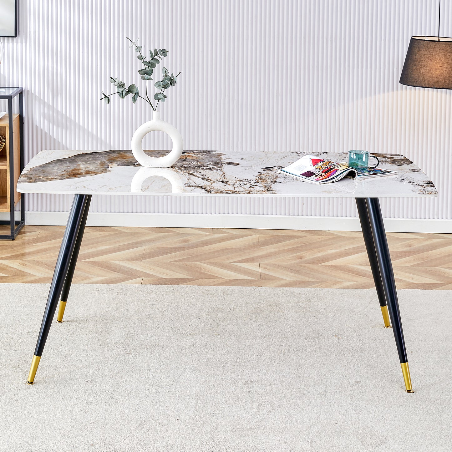 Melysen Modern Minimalist Dining Table. Imitation Marble Patterned Stone Burning Tabletop with Black Metal Legs