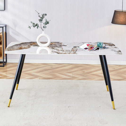 Melysen Modern Minimalist Dining Table. Imitation Marble Patterned Stone Burning Tabletop with Black Metal Legs