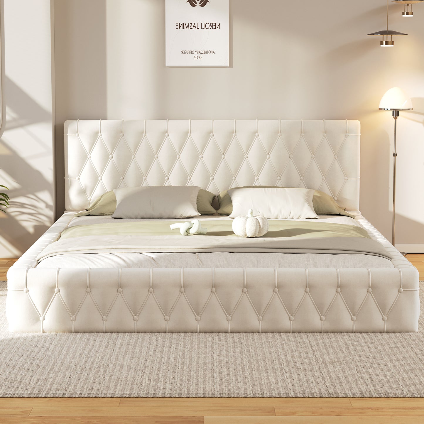 Melysen Queen Size Upholstered Bed with Tufted Headboard, Modern Velvet Platform Bed , No Box Spring Required