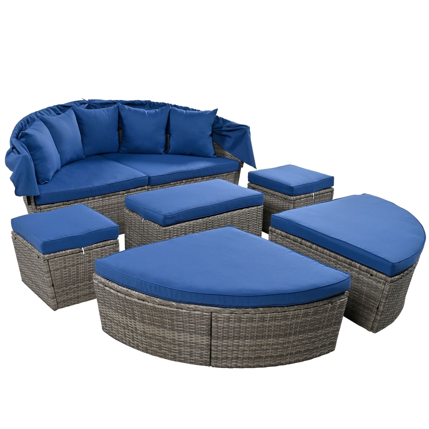 Melysen Outdoor rattan daybed sunbed with Retractable Canopy Wicker Furniture, Round Outdoor Sectional Sofa Set, Gray Wicker Furniture Clamshell Seating with Washable Cushions, Backyard, Porch, Blue