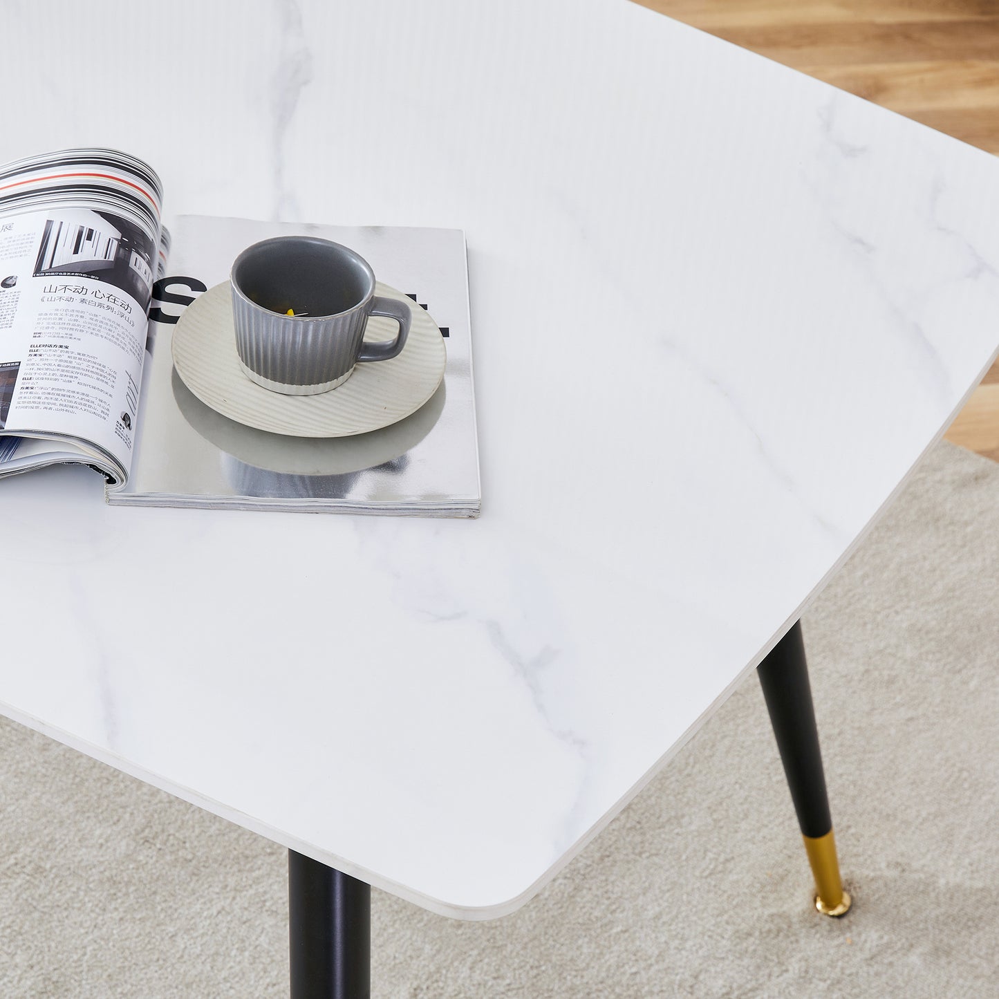 Melysen Modern Minimalist Dining Table. White Imitation Marble Pattern Sintered Stone Desktop with Black Metal Legs