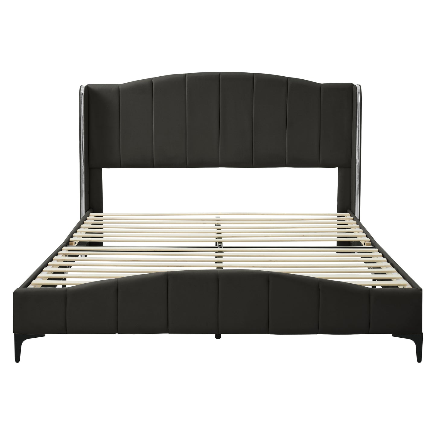 Melysen Queen Size PU Leather Upholstered Platform Bed, Headboard with Wingback and Metal Bar Accents