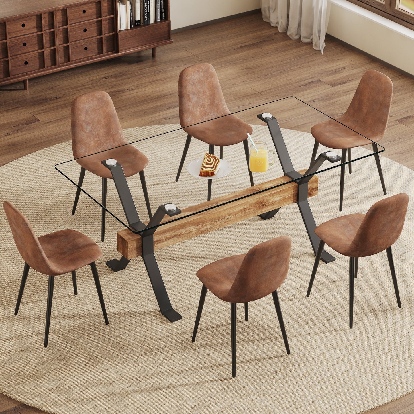 Melysen Dining Table. Modern Tempered Glass Dining Table. Large Modern office Desk with Black Metal Legs and Mdf Crossbars, Suitable For Home and office Use. 6 High-End Cushioned Seats