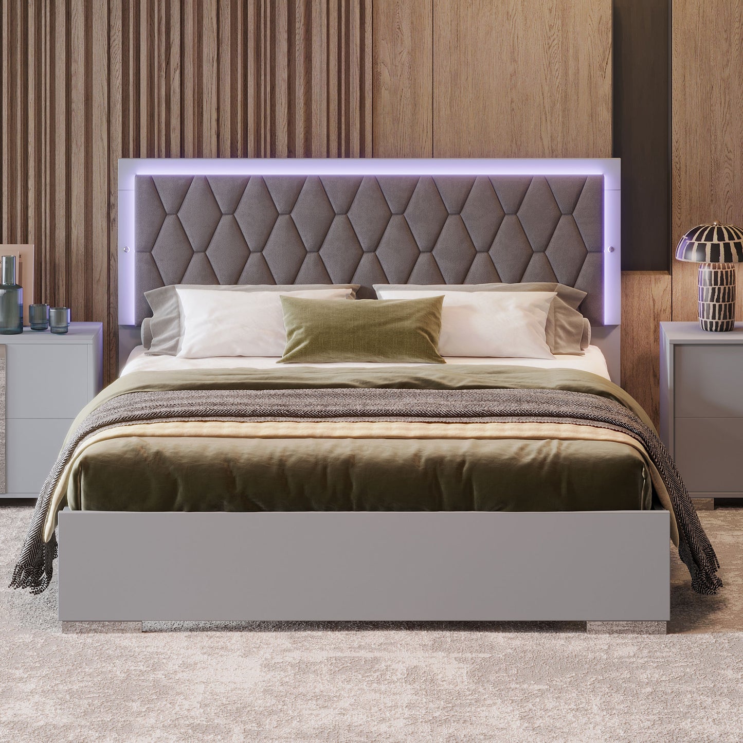 Melysen Queen Size Upholstered Bed with LED Light,Modern Platform Bed with with Velvet Headboard