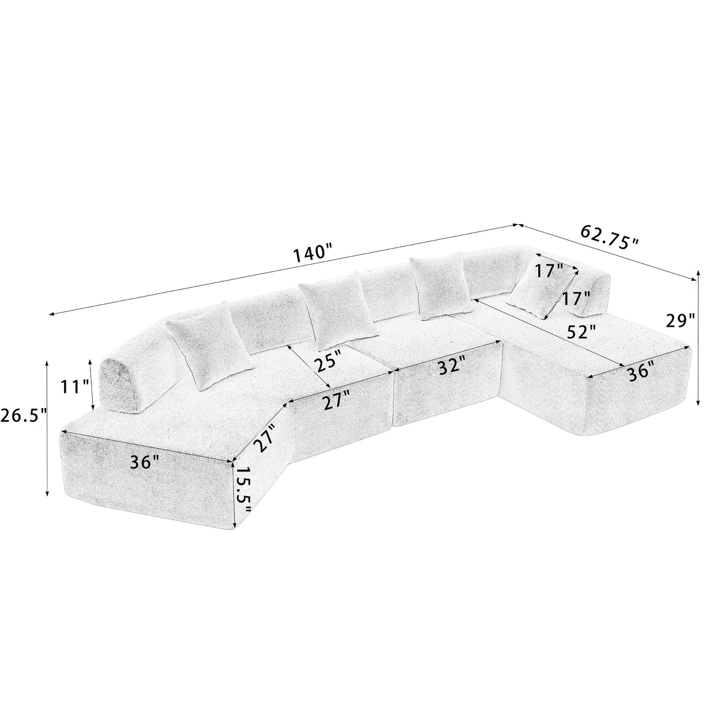 Melysen Modern Minimalist 140" L-Shape Couch,No Assembly Required,Boucle,Modular Sofa,Couch with Chaise,Free Combination Foam-Filled Sofa,4 Seats