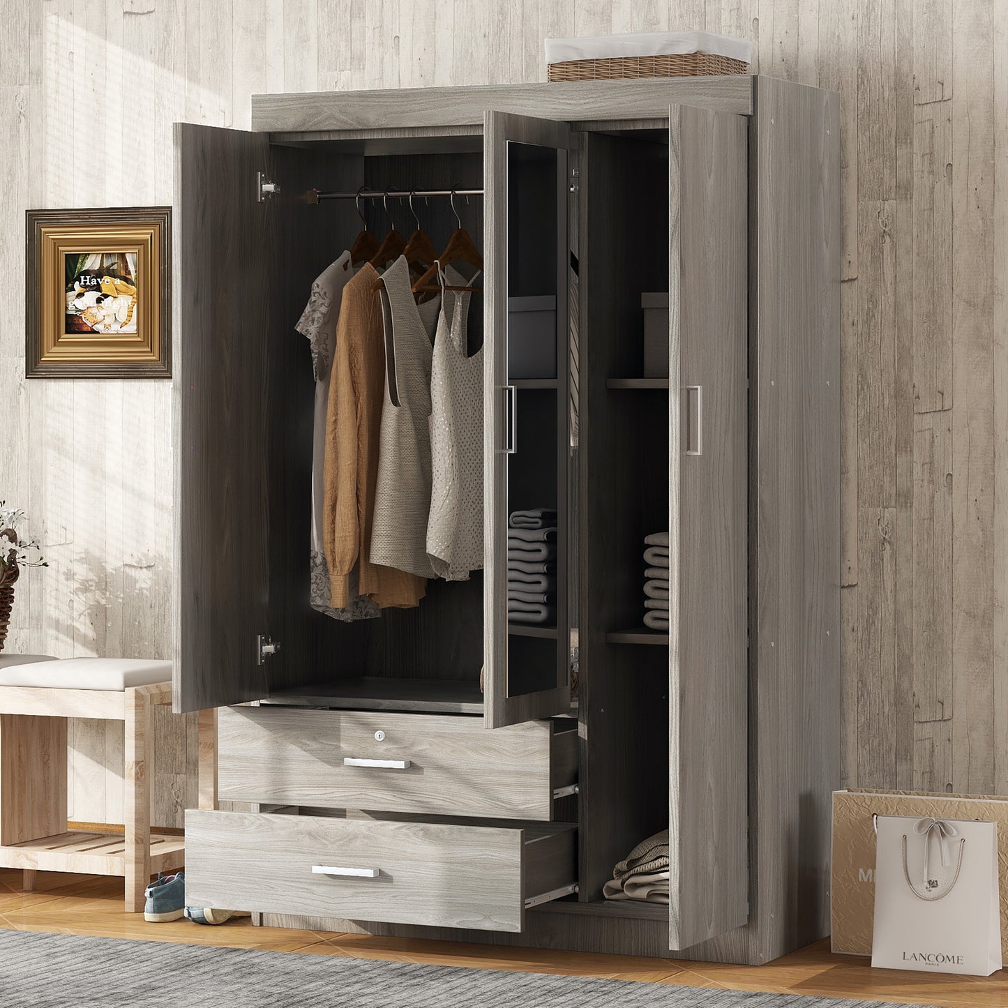 Melysen 3-Door Mirror Wardrobe with shelves, Gray