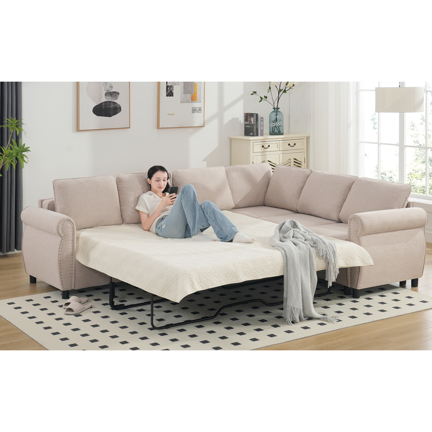 Melysen Sleeper Sofa,2 in 1 Pull Out Couch Bed,6 seater sofa bed,L Shaped Sleeper Sectional Sofa Couch,Riveted sofa,104" Large combined sofa Bed in living room