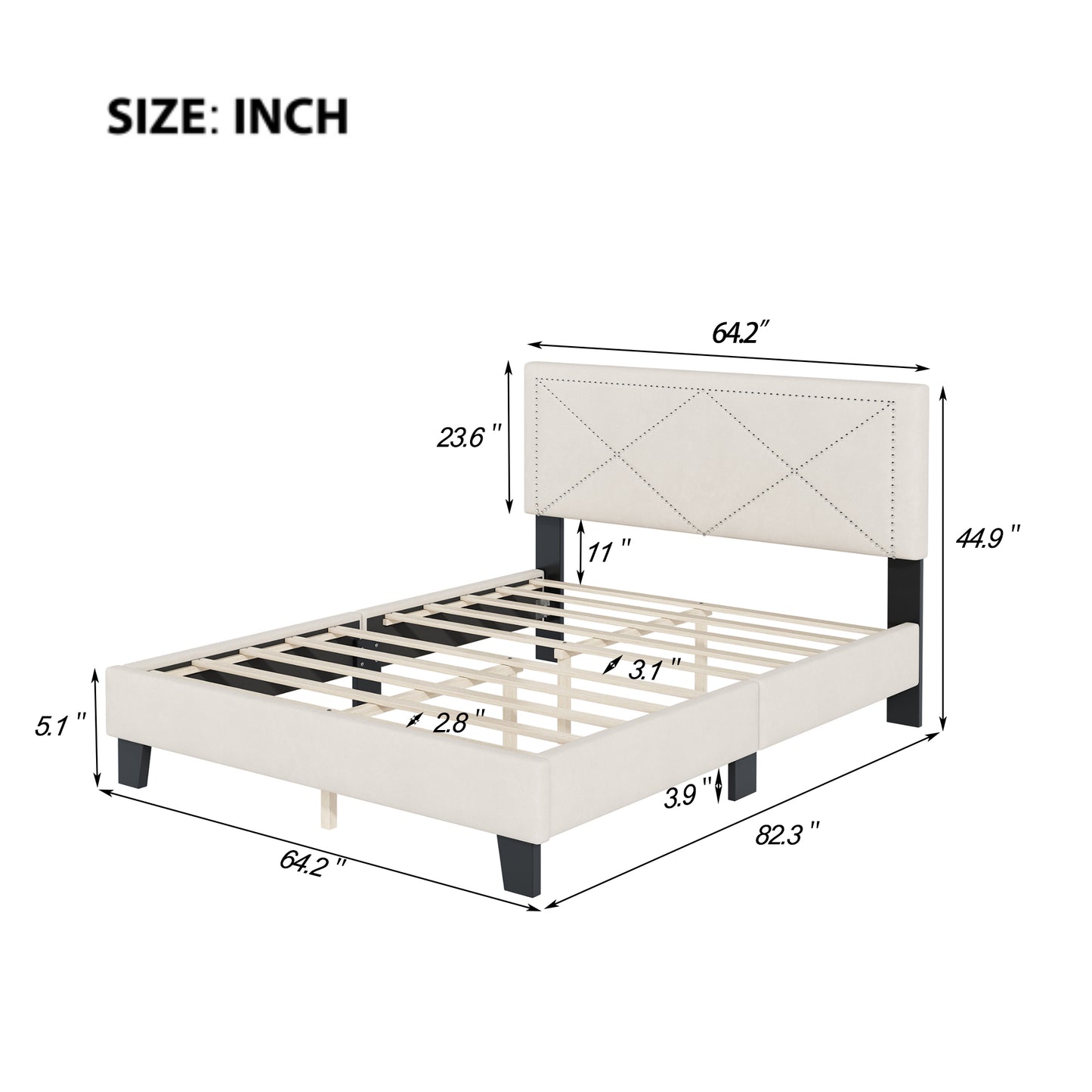 Melysen Simple Queen Size Upholstered Bed Frame with Rivet Design, Modern Velvet Platform Bed with headboard