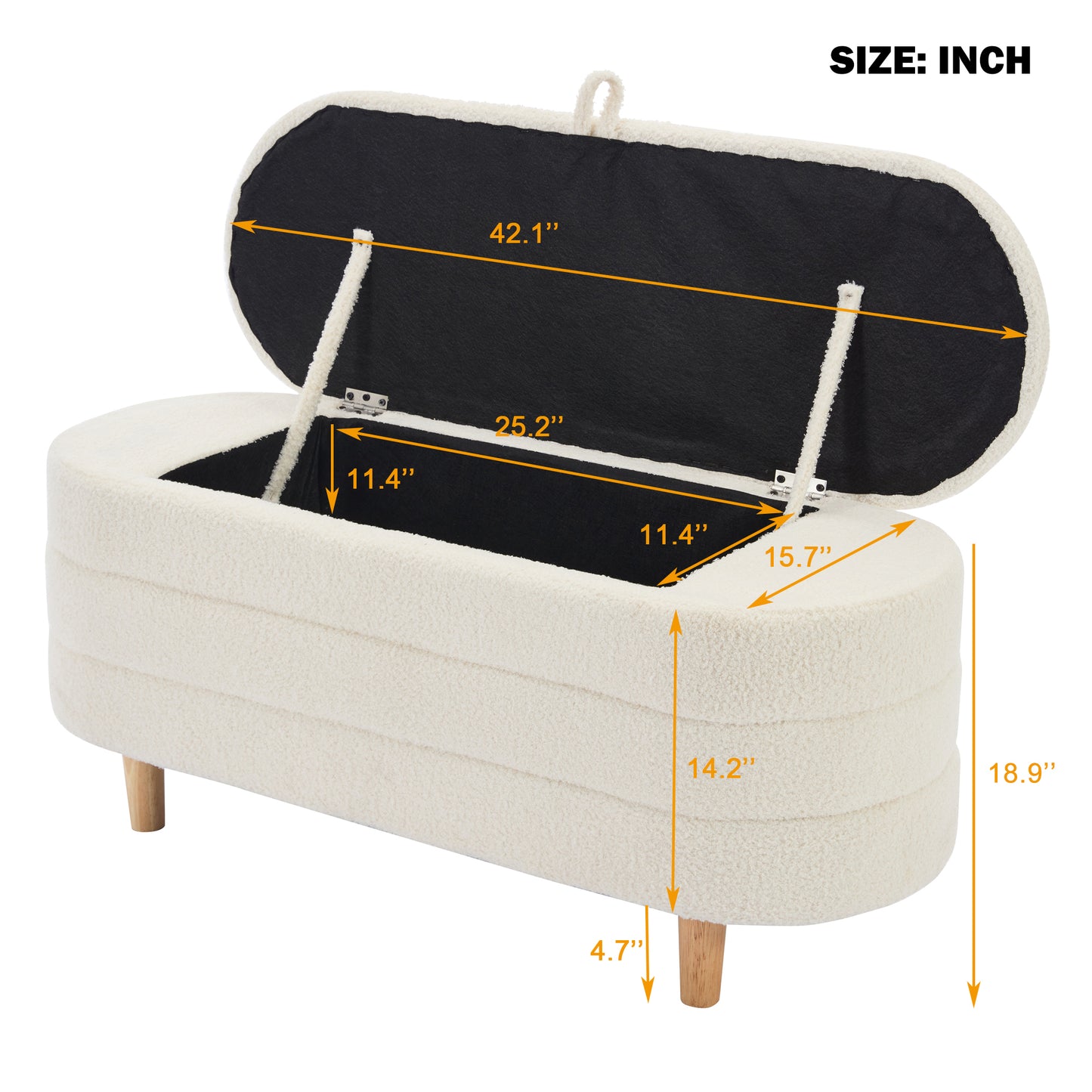 Melysen Elegant Upholstered Sherpa Fabric  Storage Ottoman with Wood Legs, Storage Bench for Bedroom, Living Room