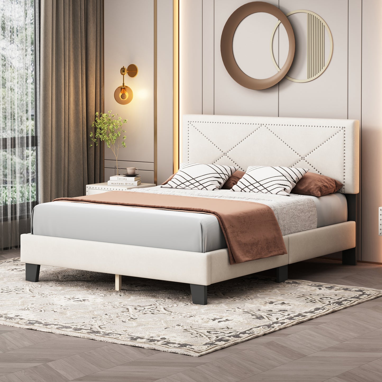 Melysen Simple Queen Size Upholstered Bed Frame with Rivet Design, Modern Velvet Platform Bed with headboard