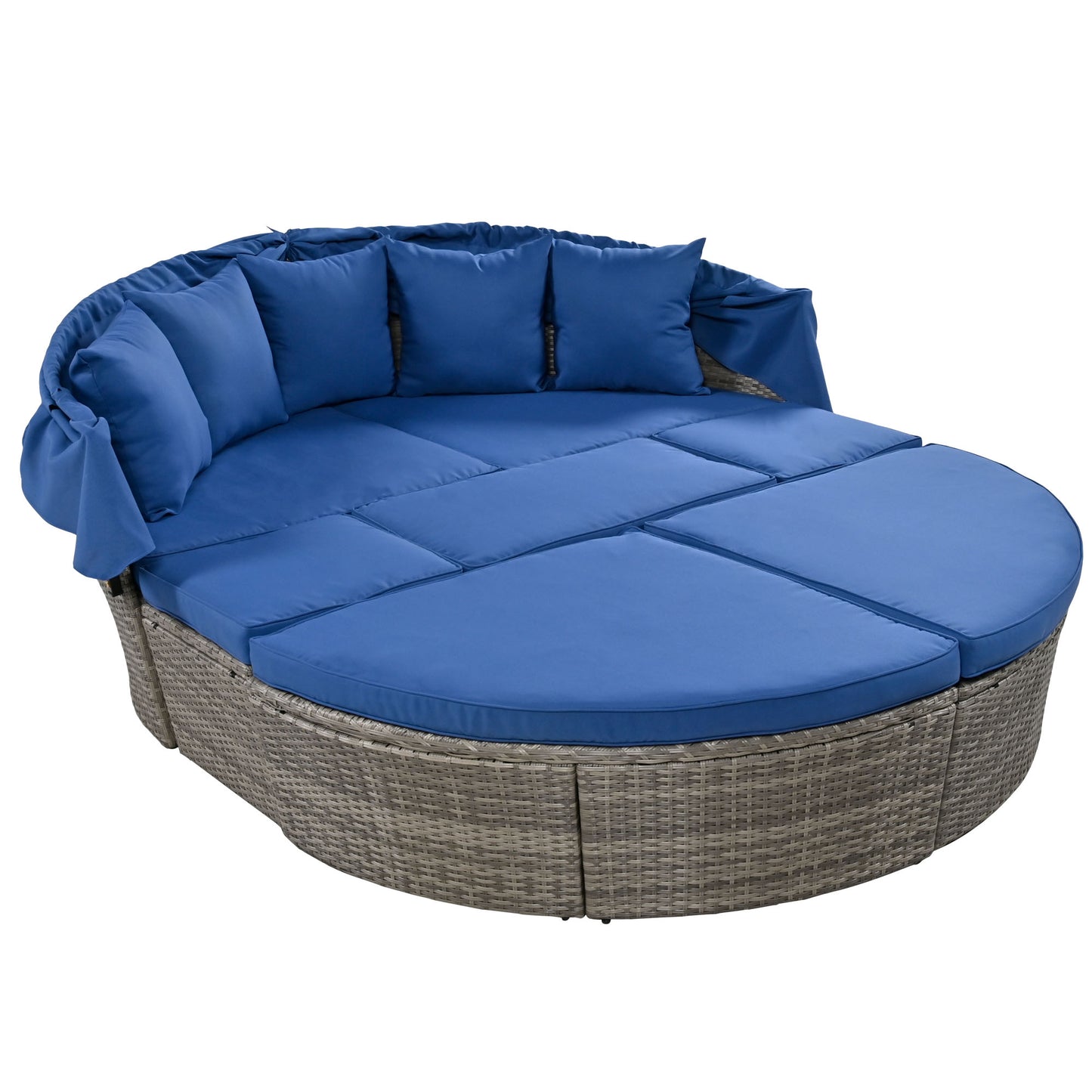 Melysen Outdoor rattan daybed sunbed with Retractable Canopy Wicker Furniture, Round Outdoor Sectional Sofa Set, Gray Wicker Furniture Clamshell Seating with Washable Cushions, Backyard, Porch, Blue