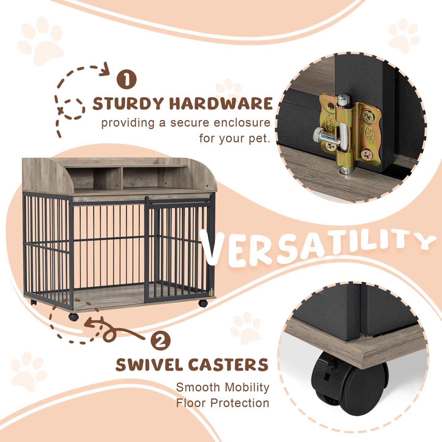 Melysen 44'' Heavy Duty Large Dog Crate Furniture for Large Medium Dog with Lockable Wheels, Wooden Dog Crate Dog Kennel, End Table Crate with Double layer storage, Gray